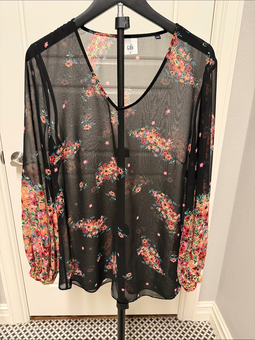 CAbi Black Sheer V-Neck Blouse with Multicolor Floral Print